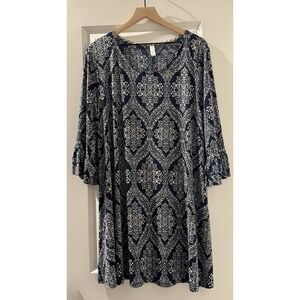 Boho Blu USA XL Navy Ivory Medallion Tunic Dress Bell Sleeve Stretch Boho